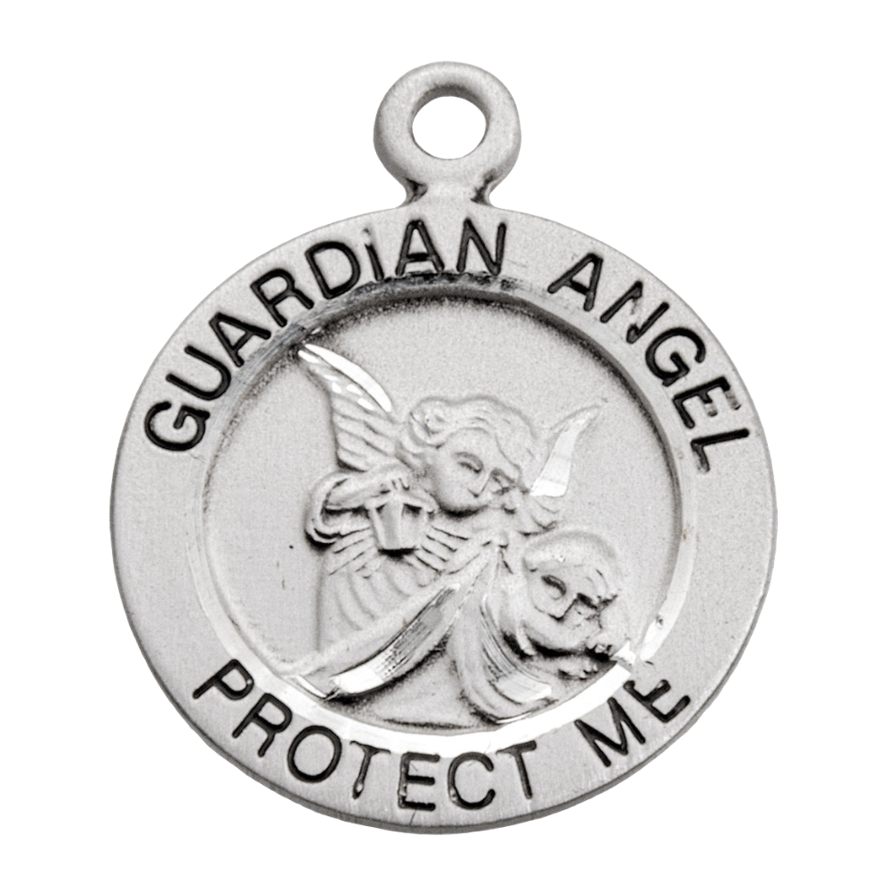 Guardian Angel Round Sterling Silver Medal Necklace — 18" Chain, Made in USA