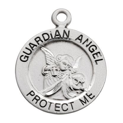 Guardian Angel Round Sterling Silver Medal Necklace — 18" Chain, Made in USA