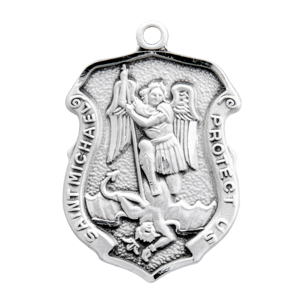 Saint Michael Sterling Silver Shield Medal Pendant — 20" Chain, Gift Box Included