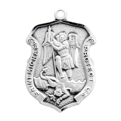 Saint Michael Sterling Silver Shield Medal Pendant — 20" Chain, Gift Box Included