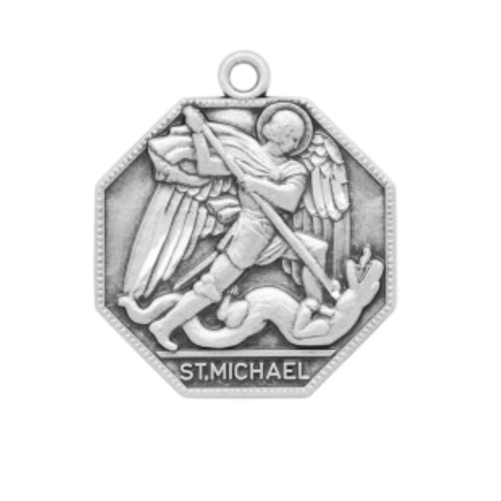 Saint Michael Octagon Sterling Silver Medal Necklace — 24" Chain, Gift Box