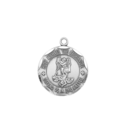 Saint Michael Sterling Silver Scalloped Medal Pendant — 24" Chain, Made in USA