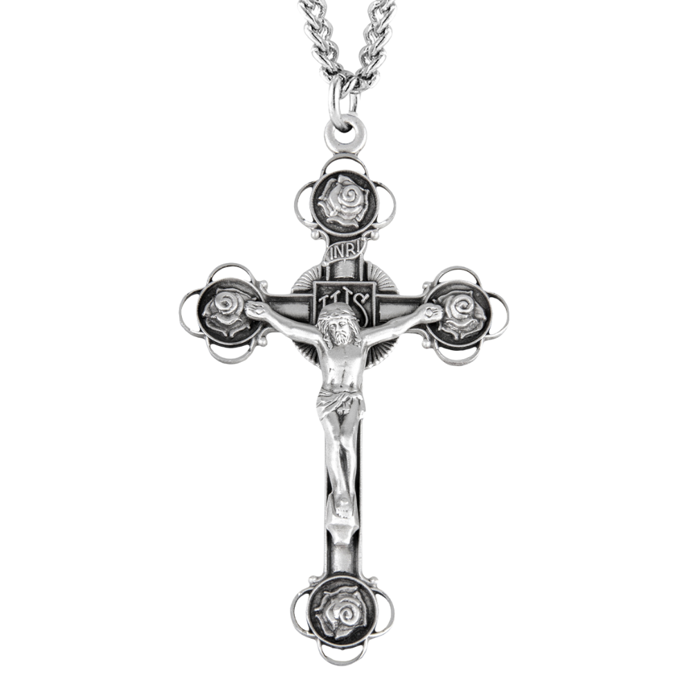 Rosebud Design Sterling Silver Crucifix, Catholic Gift, Made in USA
