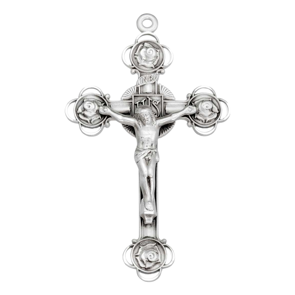Rosebud Design Crucifix 16kt Gold Over Sterling Silver — 24" Chain, Gift Box