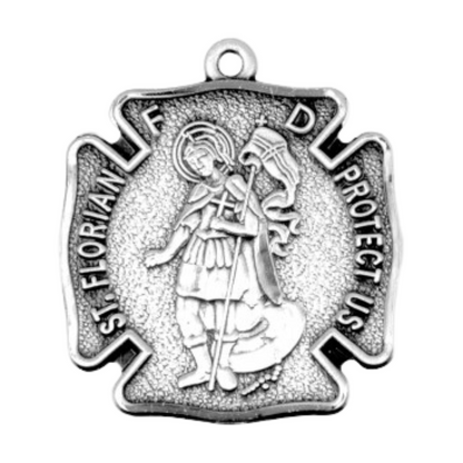 Saint Florian Sterling Silver Firefighters Medal Pendant — 20" Chain, Gift Box