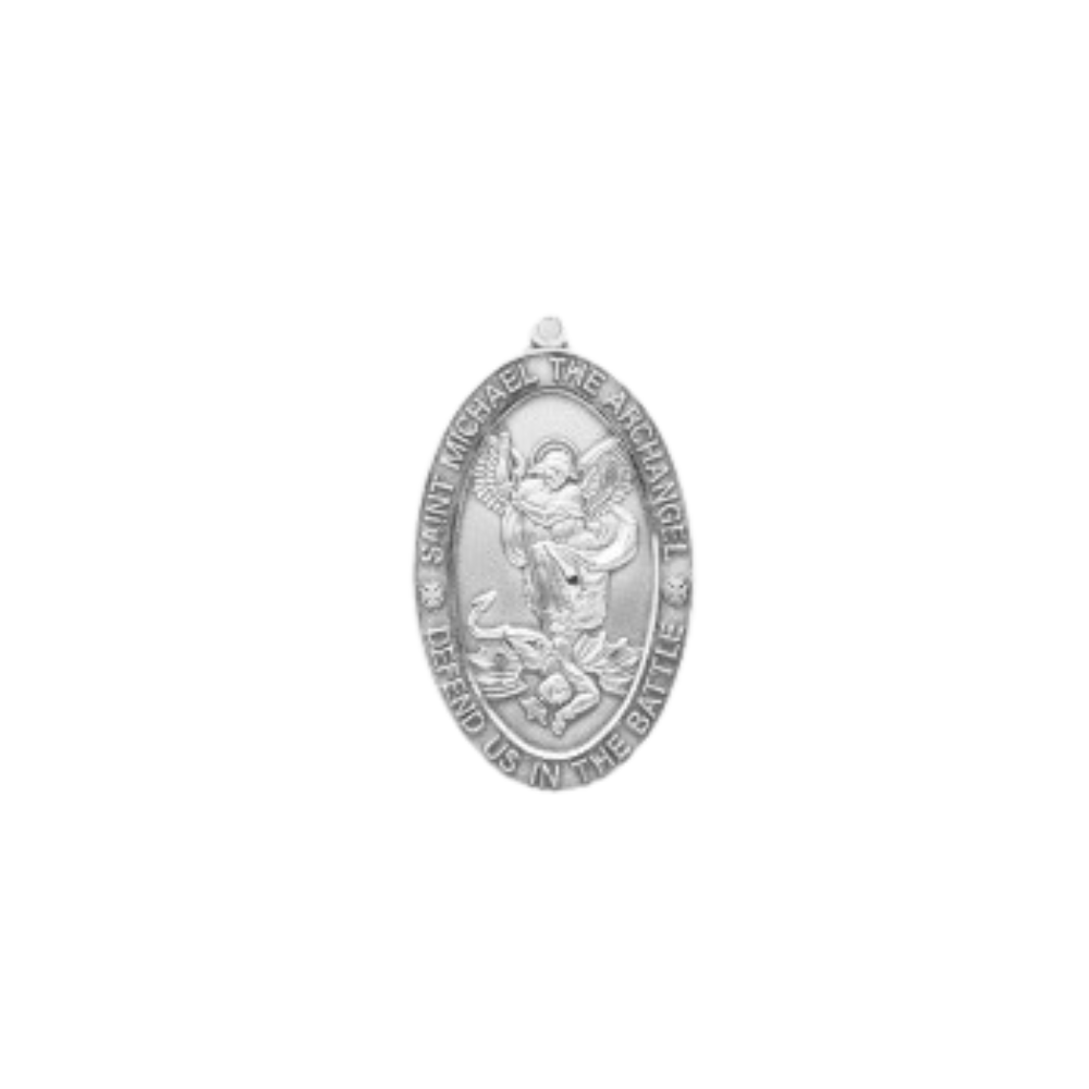 Saint Michael Sterling Silver Large Oval Medal Pendant — 24" Chain, Made in USA