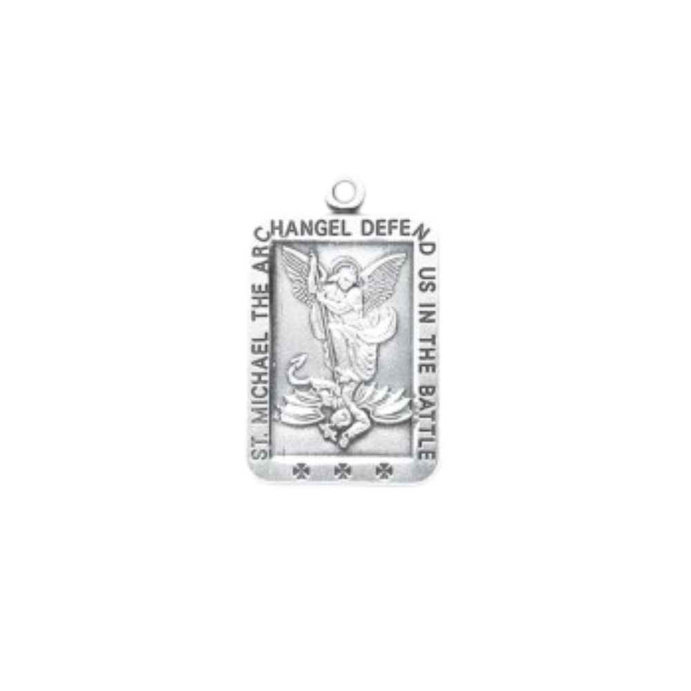 St. Michael Sterling Silver Rectangle Medal Necklace — 24" Chain, Made in USA