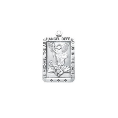 St. Michael Sterling Silver Rectangle Medal Necklace — 24" Chain, Made in USA