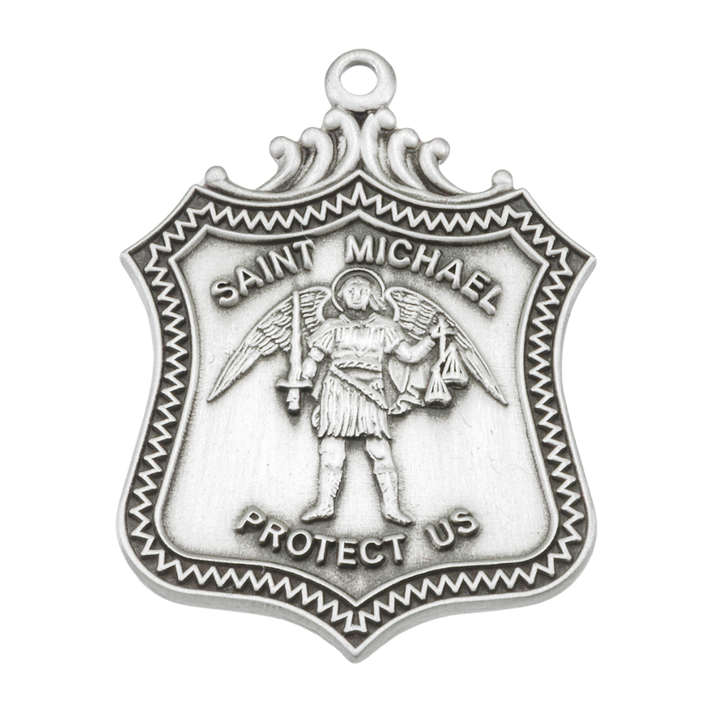 Saint Michael Sterling Silver Shield Necklace — 24" Chain, Made in USA