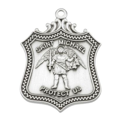 Saint Michael Sterling Silver Shield Necklace — 24" Chain, Made in USA