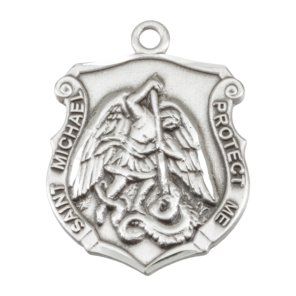 Saint Michael Sterling Silver Badge Medal — 24" Chain, Made in USA, Gift Box