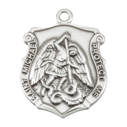 Saint Michael Sterling Silver Badge Medal — 24" Chain, Made in USA, Gift Box