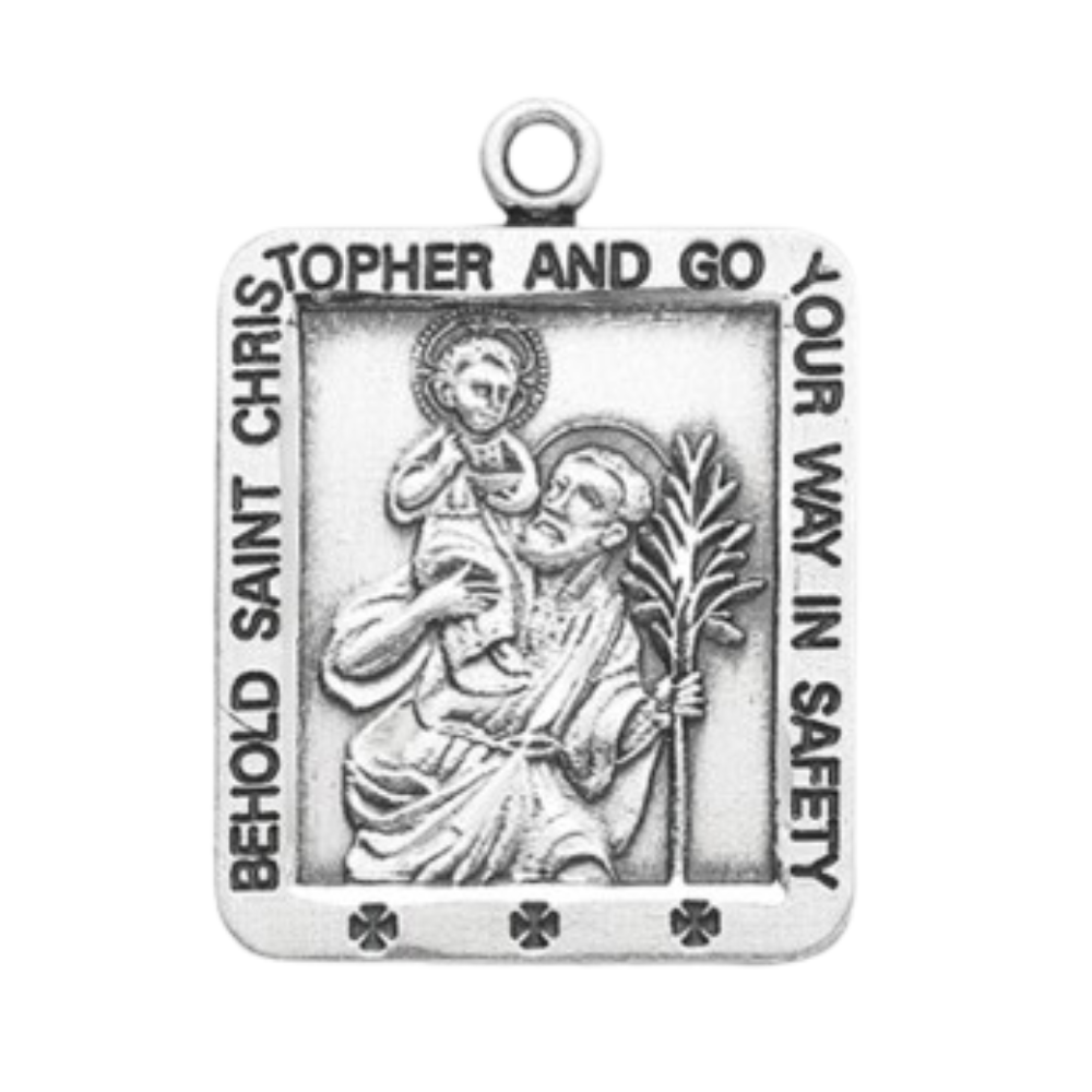 Saint Christopher Sterling Silver Square Medal — 24" Chain, Made in USA, Gift Box