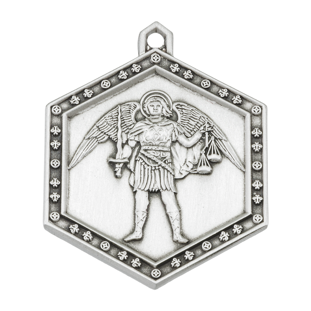 St. Michael Sterling Silver Hexagon Medal Necklace — 24" Chain, Made in USA