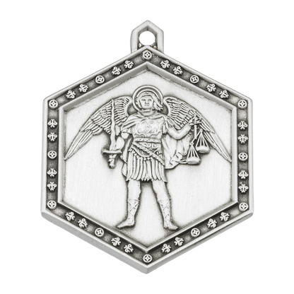 St. Michael Sterling Silver Hexagon Medal Necklace — 24" Chain, Made in USA