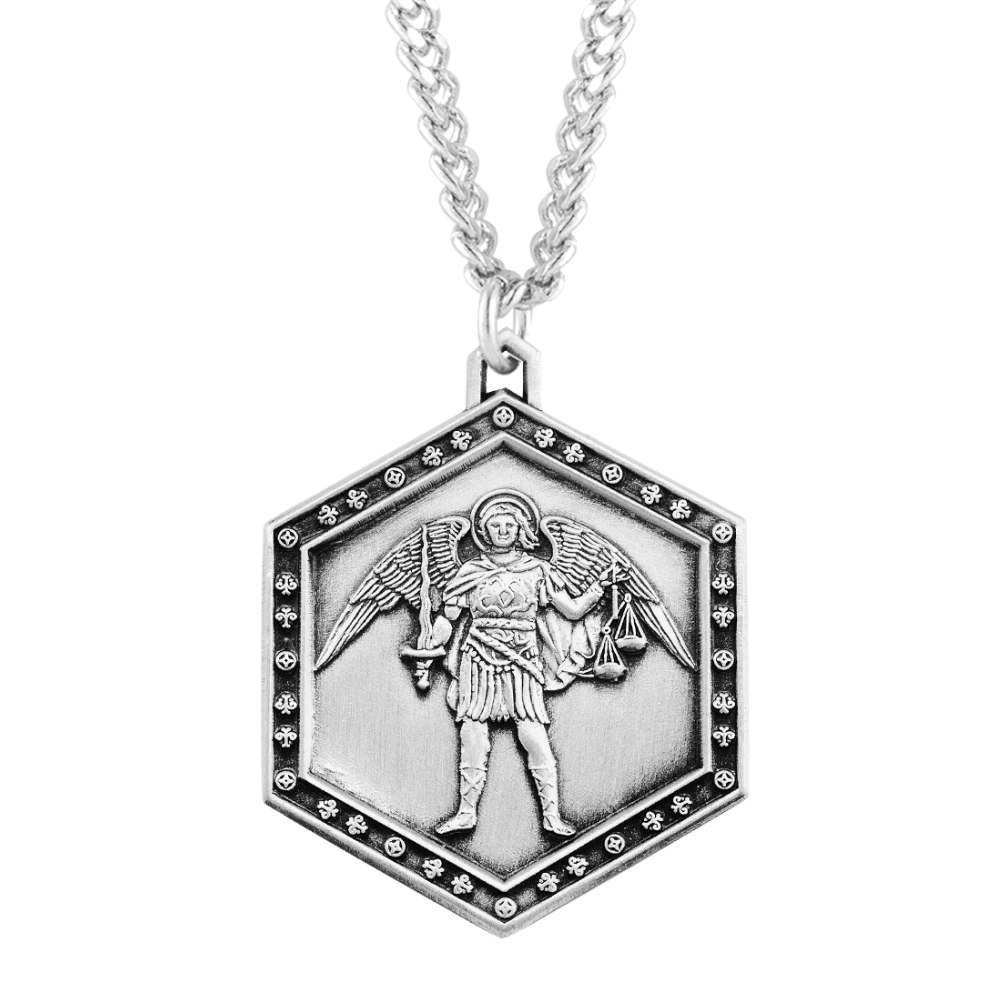 Saint Michael the Archangel Sterling Silver Hexagon Medal, Catholic Gift, Made in USA