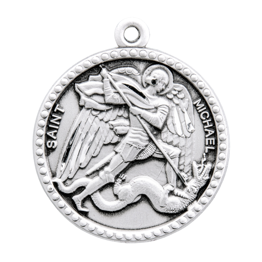 Saint Michael Sterling Silver Round Medal Pendant — 24" Chain, Made in USA