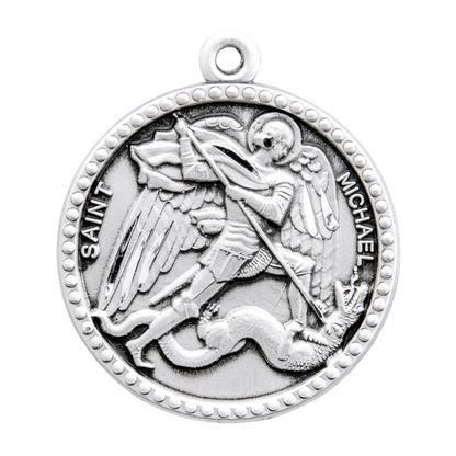 Saint Michael Sterling Silver Round Medal Pendant — 24" Chain, Made in USA