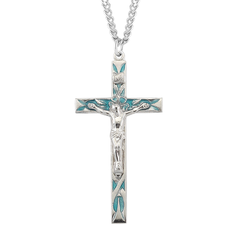 High Polished Blue Enameled Sterling Silver Crucifix, Catholic Gift, Made in USA