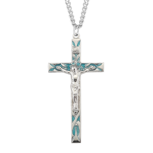 High Polished Blue Enameled Sterling Silver Crucifix, Catholic Gift, Made in USA