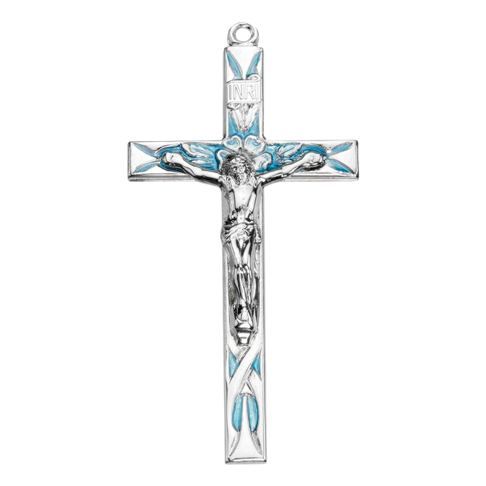 Crucifix Necklace High Polished Blue Enameled Sterling Silver — 24" Chain
