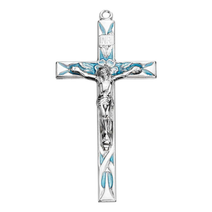 Crucifix Necklace High Polished Blue Enameled Sterling Silver — 24" Chain