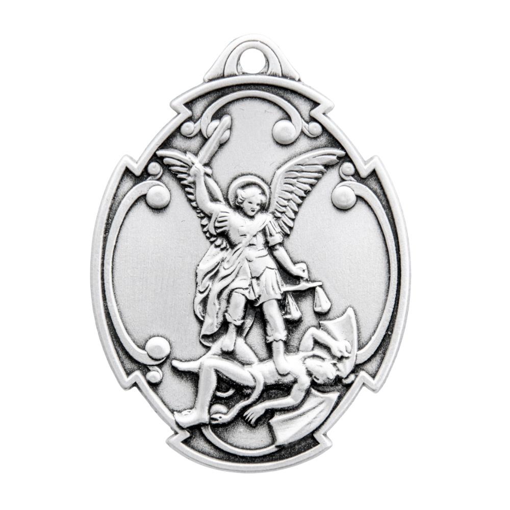 Saint Michael the Archangel Sterling Silver Styled Cross Shield Necklace, 27"