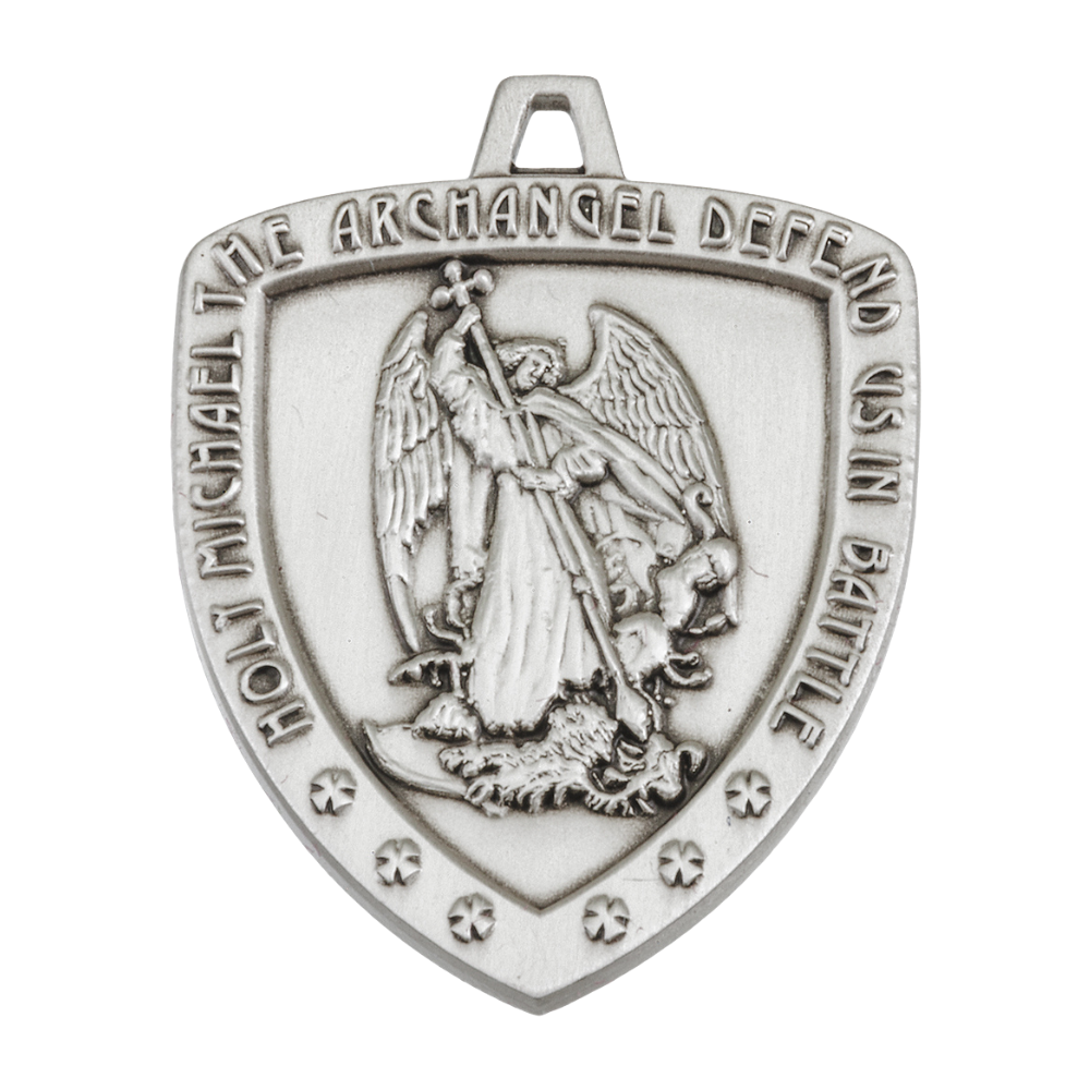 Saint Michael Sterling Silver Shield Medal Pendant — 24" Chain, Gift Box