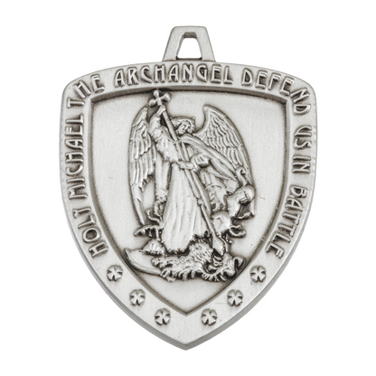 Saint Michael Sterling Silver Shield Medal Pendant — 24" Chain, Gift Box