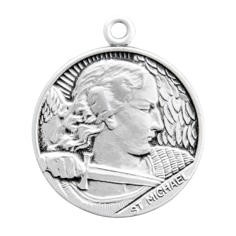 Saint Michael Solid Sterling Silver Round Medal — 24" Chain, Made in USA, Gift Box