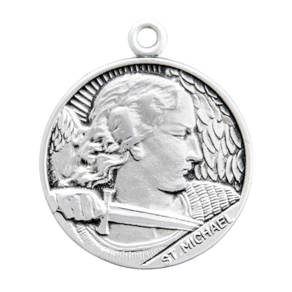 Saint Michael Solid Sterling Silver Round Medal — 24" Chain, Made in USA, Gift Box