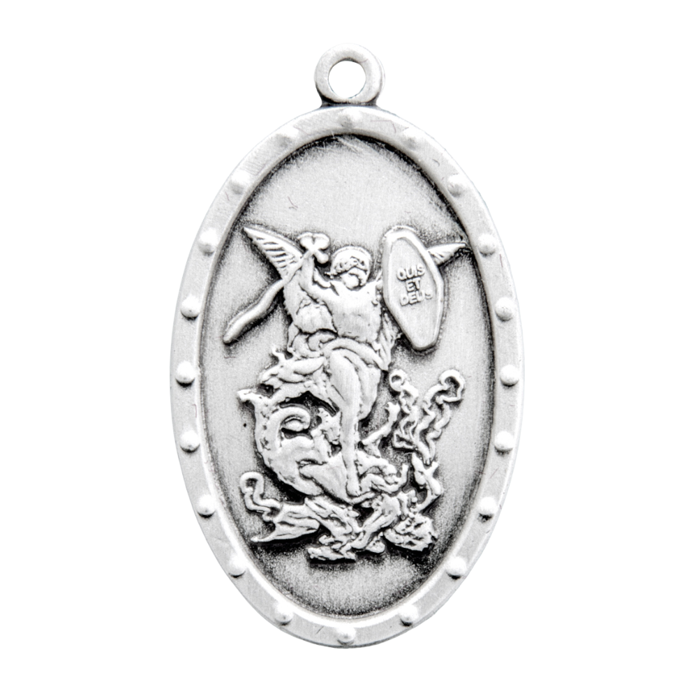 Saint Michael Sterling Silver Oval Shield Pendant — 20 Inch Chain, Made in USA