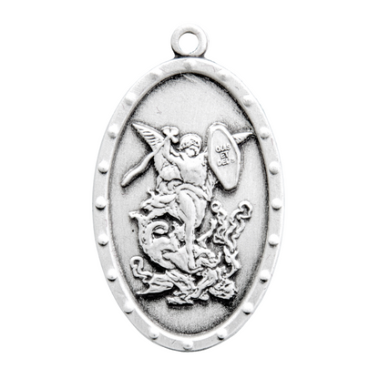 Saint Michael Sterling Silver Oval Shield Pendant — 20 Inch Chain, Made in USA