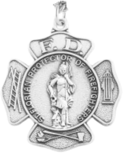 Saint Florian Sterling Silver Firefighters Medal Pendant — 24" Curb Chain