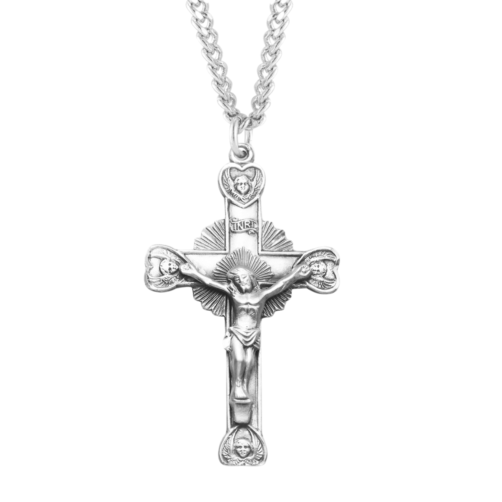 Cherub Design Sterling Silver Crucifix, Catholic Gift, Made in USA