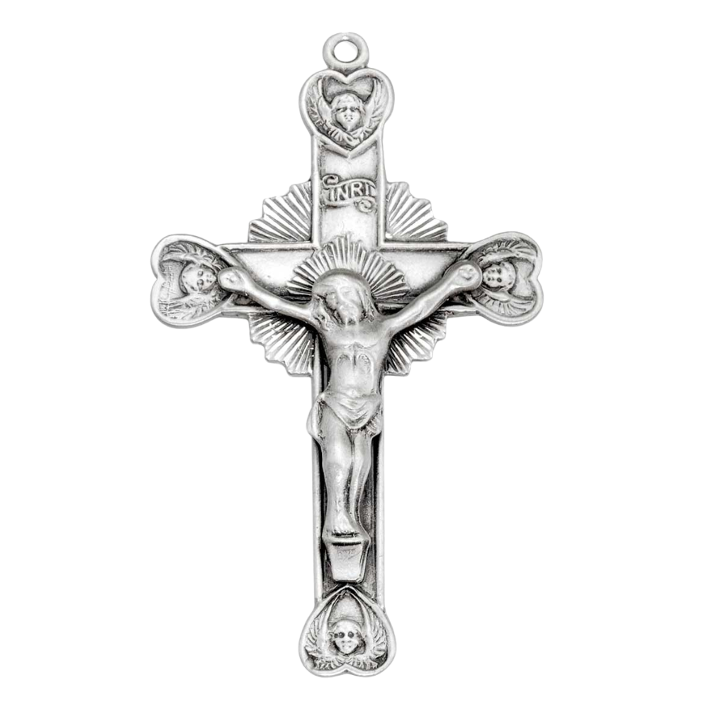 Cherub Design Crucifix Sterling Silver Pendant — 24" Chain, Gift Box Included