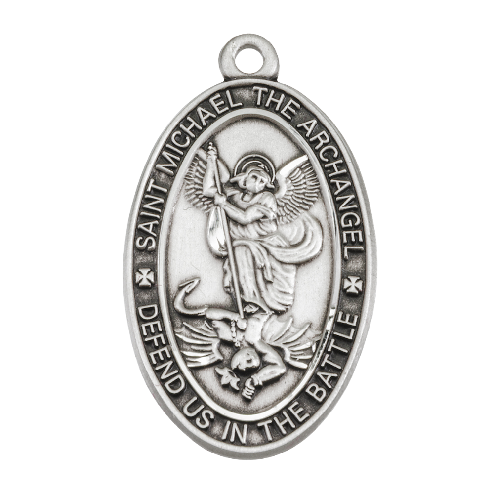Saint Michael Sterling Silver Oval Medal Pendant — 24" Chain, Gift Box Included
