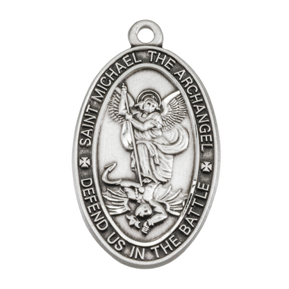 Saint Michael Sterling Silver Oval Medal Pendant — 24" Chain, Gift Box Included