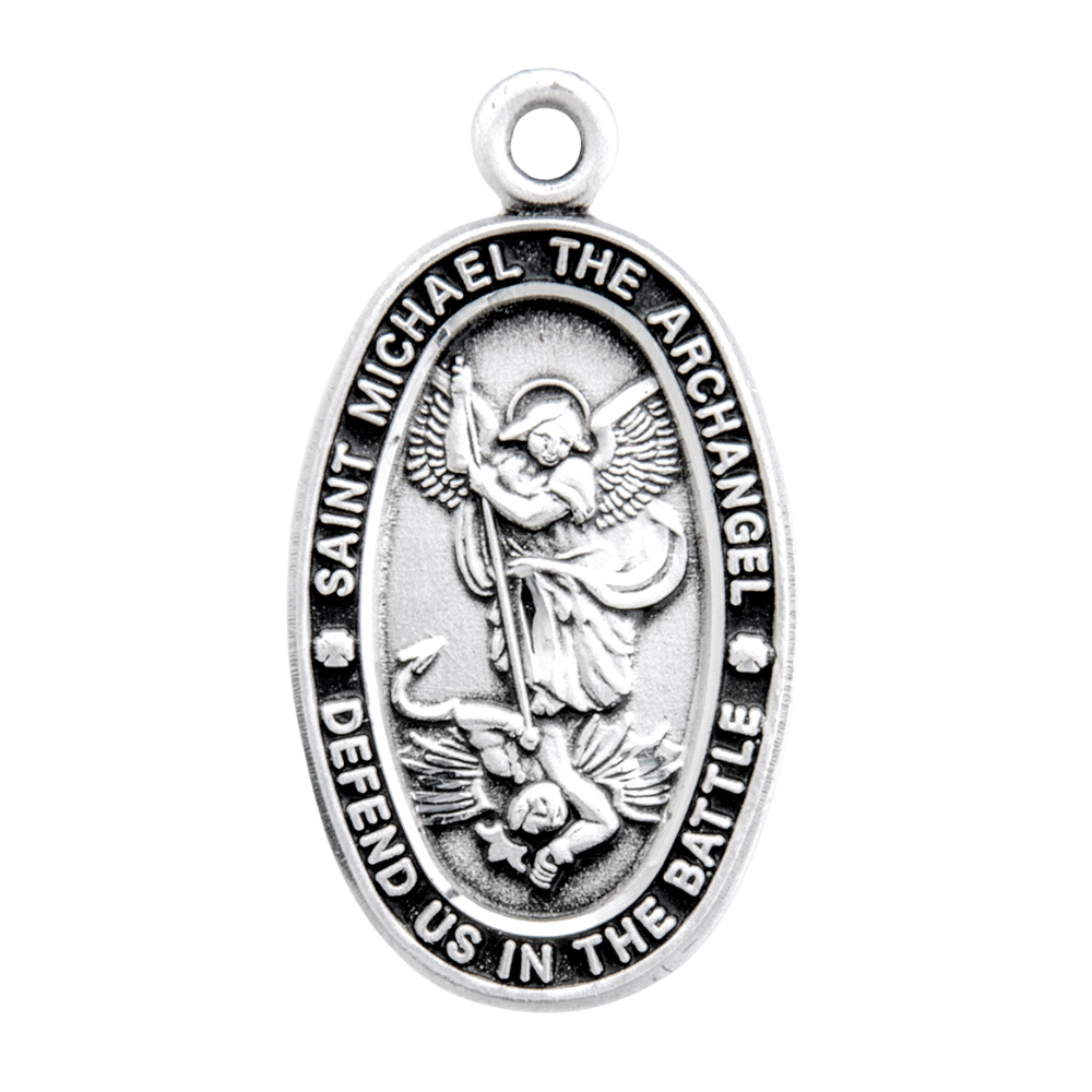 Saint Michael Sterling Silver Oval Medal Pendant — 18" Chain, Gift Box
