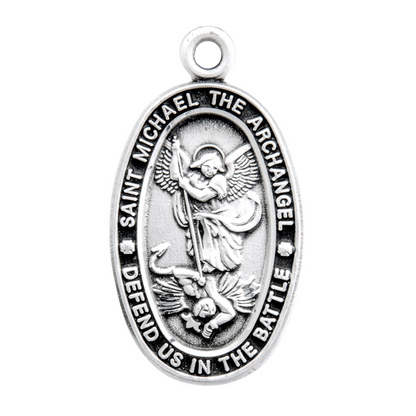 Saint Michael Sterling Silver Oval Medal Pendant — 18" Chain, Gift Box