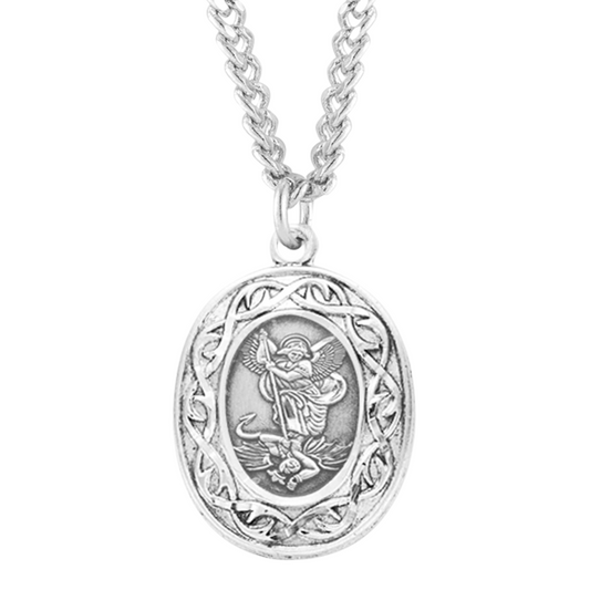 Saint Michael Oval Sterling Silver "Crown of Thorns" Medal, Catholic Gift, Made in USA