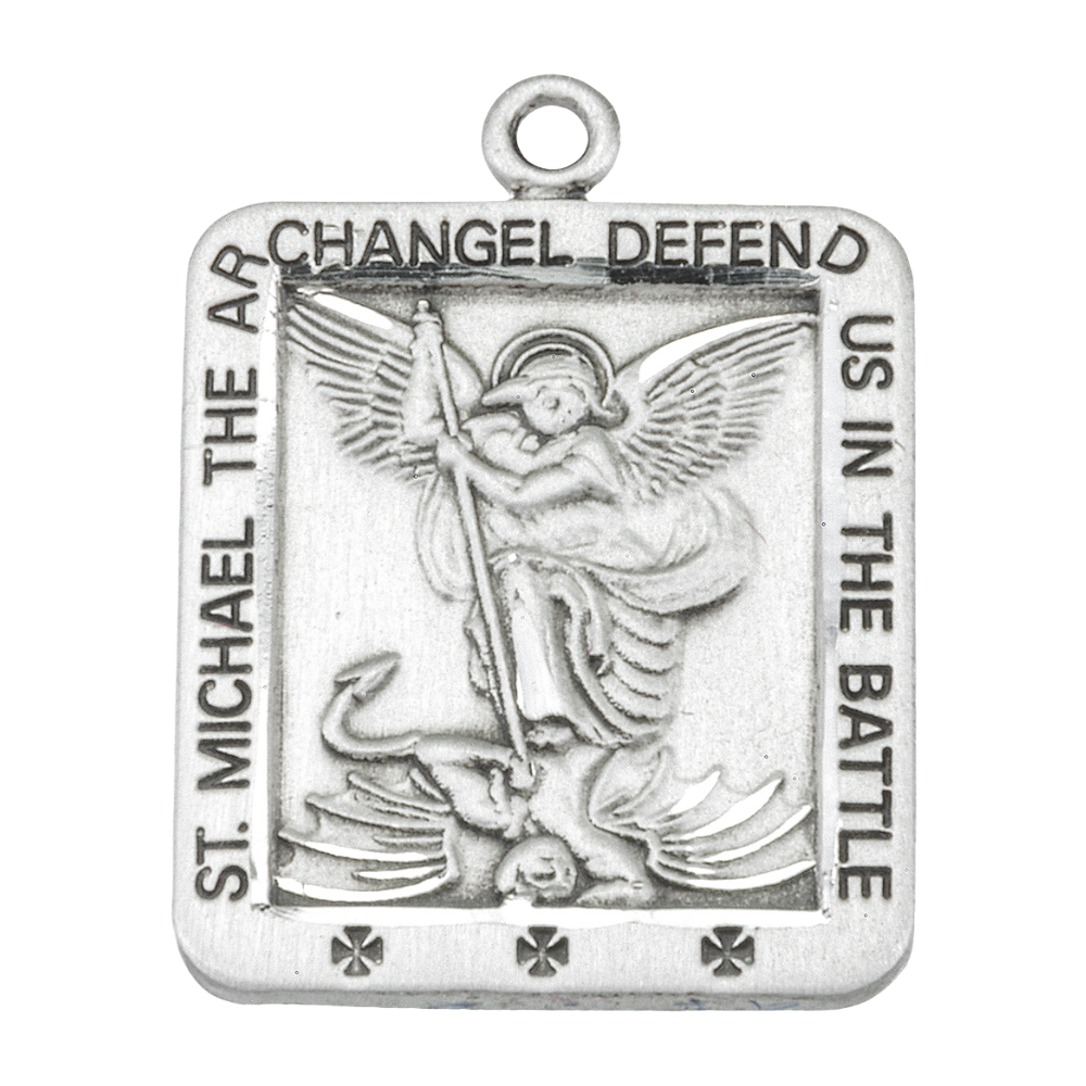 Saint Michael Square Sterling Silver Pendant — 20" Chain, Gift Box Included