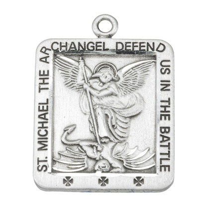 Saint Michael Square Sterling Silver Pendant — 20" Chain, Gift Box Included
