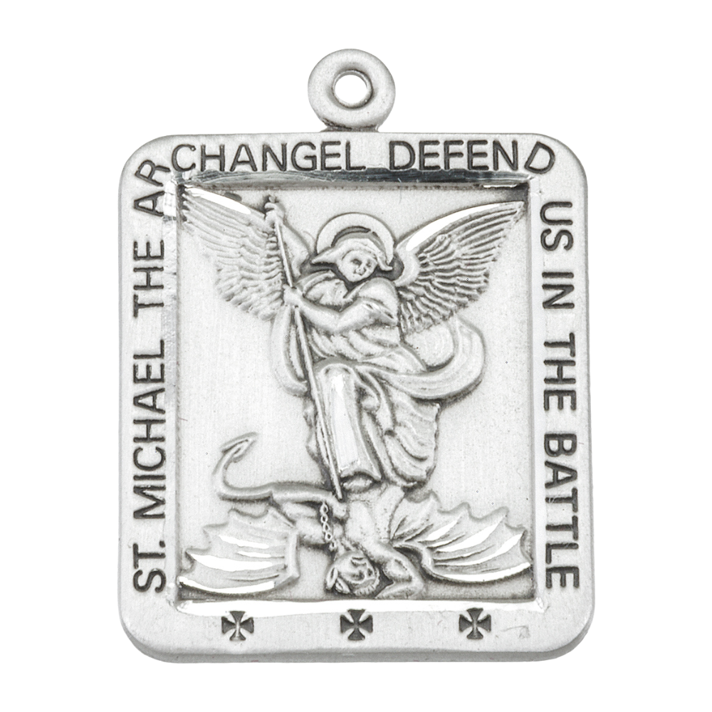 Saint Michael Sterling Silver Square Medal Pendant — 24" Curb Chain, Gift Box
