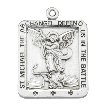Saint Michael Sterling Silver Square Medal Pendant — 24" Curb Chain, Gift Box