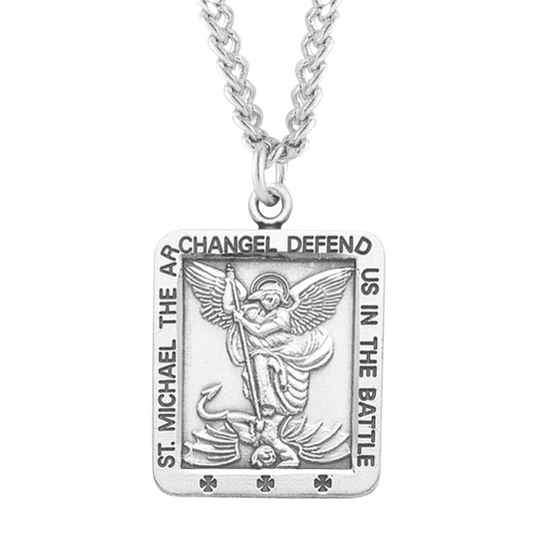 Saint Michael Square Sterling Silver Medal, Catholic Gift, Made in USA