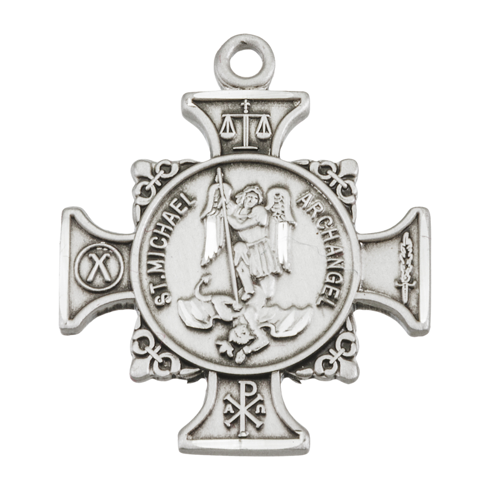 Saint Michael Sterling Silver Maltese Cross Necklace — 18" Chain, Gift Box