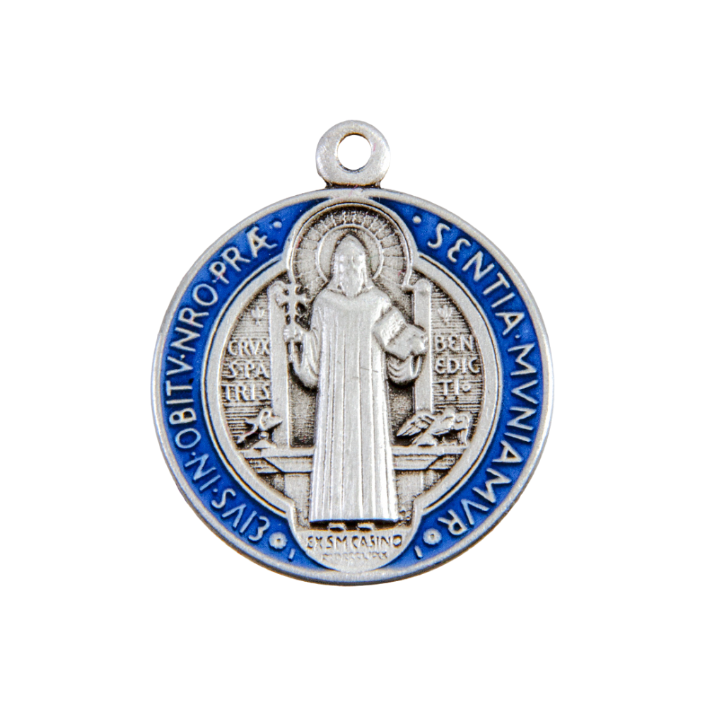 Saint Benedict Round Blue Enameled Sterling Silver Medal — 18" Chain, Gift Box