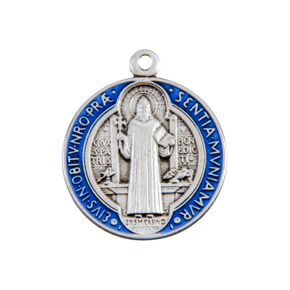 Saint Benedict Round Blue Enameled Sterling Silver Medal — 18" Chain, Gift Box