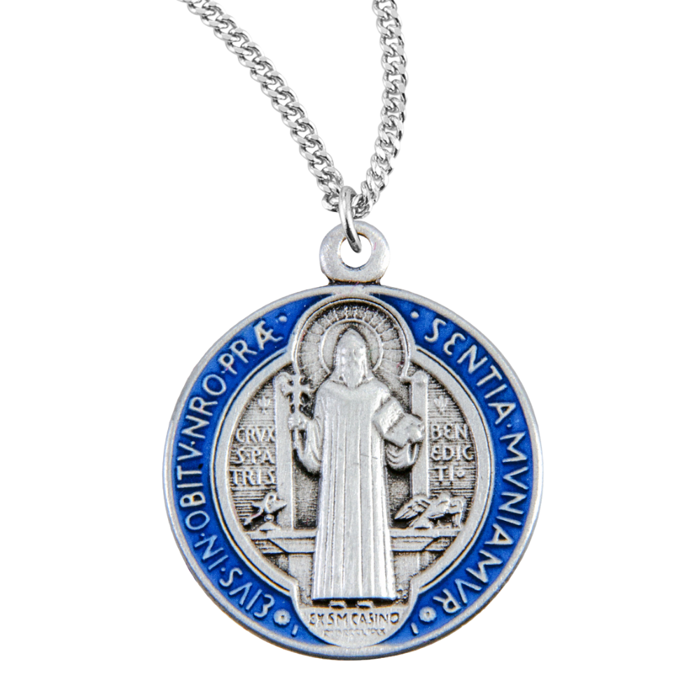 St. Benedict Round Blue Enameled Sterling Silver Medal, Catholic Gift, Made in USA